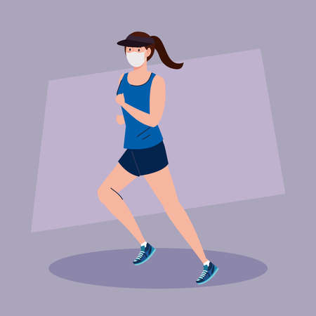 woman running wearing medical mask, prevention coronavirus covid 19 vector illustration designのイラスト素材