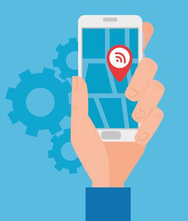 gps, hand holding smartphone navigation application and red pinpoint on screen vector illustration designのイラスト素材