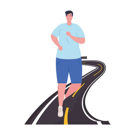 man running on highway, man in sportswear jogging, male athlete on white background vector illustration designのイラスト素材