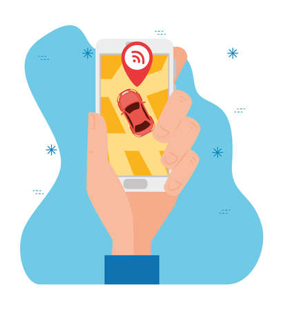 gps, hand holding smartphone navigation application and red pinpoint on screen vector illustration designのイラスト素材