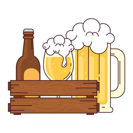 bottle with cup and mug glass of beer in wooden box, on white background vector illustration designのイラスト素材