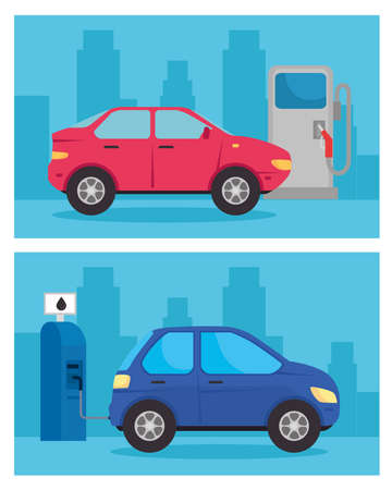 set banner, electric vehicles cars in charging station road vector illustration designのイラスト素材