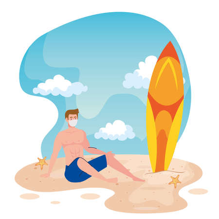 man in shorts wearing medical mask, with surfboard, tourism with coronavirus, prevention covid 19 in summer vacation vector illustration designのイラスト素材