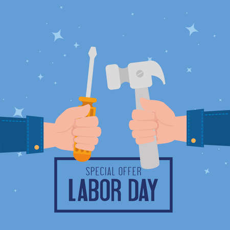 labor day sale promotion advertising banner, with hands and tools construction vector illustration designのイラスト素材