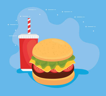 fast food, lunch or meal, hamburger with bottle beverage vector illustration designのイラスト素材