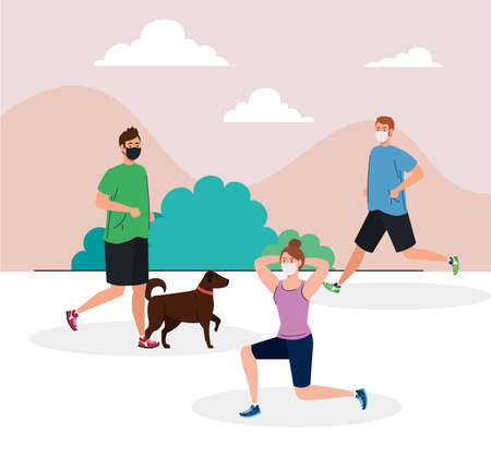 young people running wearing medical mask outdoor, prevention coronavirus covid 19 vector illustration designのイラスト素材