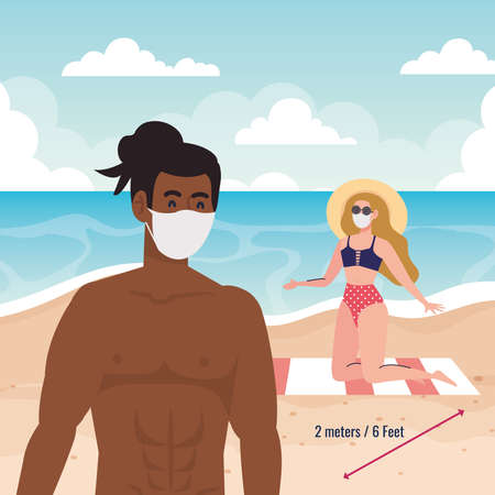 social distancing on the beach, couple wearing medical mask, new normal summer beach concept after coronavirus or covid 19 vector illustration designのイラスト素材