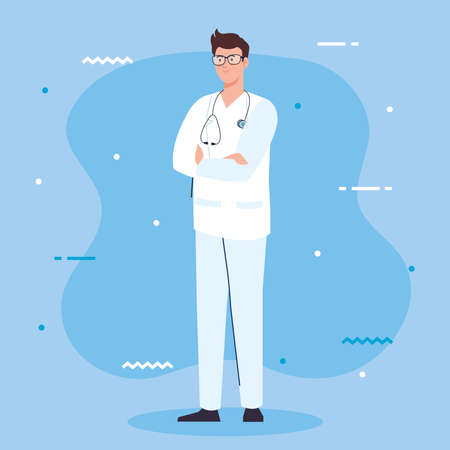 professional doctor with stethoscope and uniform, man doctor, hospital worker vector illustration designのイラスト素材
