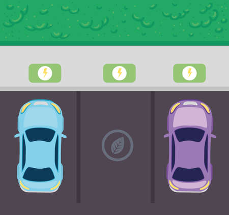 environmentally friendly concept, view aerial of, electric cars in parking vector illustration designのイラスト素材