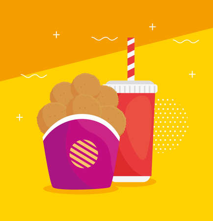 fast food, fried chicken with bottle beverage vector illustration designのイラスト素材