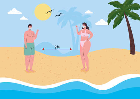 social distancing on the beach, couple wearing medical mask in the beach, new normal summer beach concept after coronavirus or covid 19 vector illustration designのイラスト素材