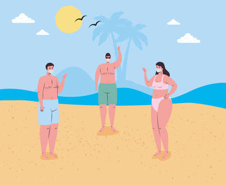 social distancing on the beach, people wearing medical mask keep distance in the beach, new normal summer beach concept after coronavirus or covid 19 vector illustrationのイラスト素材