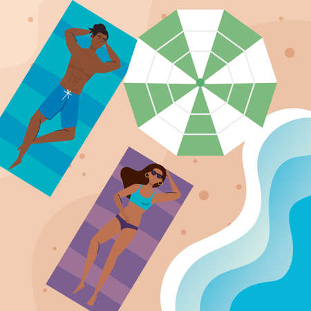 couple afro with swimsuit lying down tanning on the beach, summer vacation season vector illustration designのイラスト素材