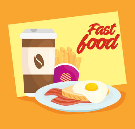 fast food poster, delicious breakfast with coffee and french fries vector illustration designのイラスト素材