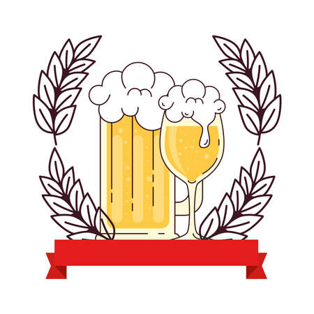 cup and mug glass of beer with spike and ribbon on white background vector illustration designのイラスト素材