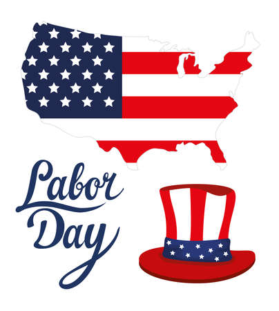happy labor day holiday banner map with united states national flag and hat vector illustration designのイラスト素材