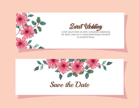 set of greeting cards with flowers, wedding invitation with flowers, with branches and leaves decoration vector illustration designのイラスト素材