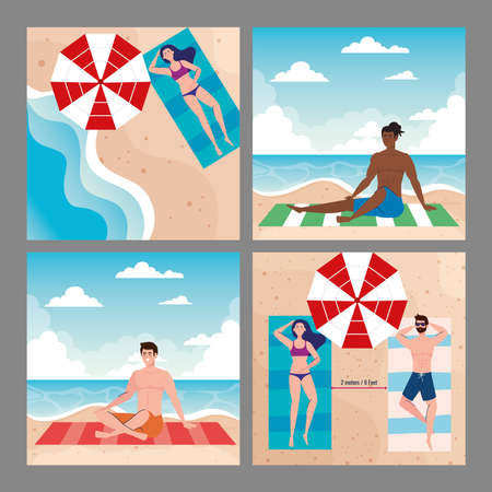 set scenes, people with swimsuit in the beach, summer vacation season vector illustration designのイラスト素材