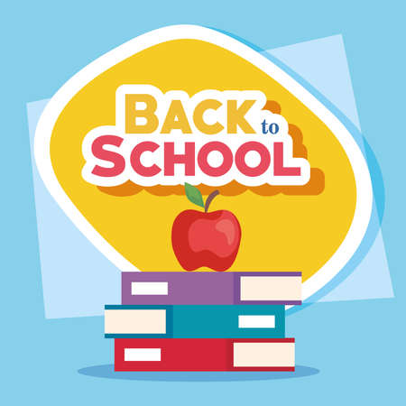 back to school banner with pile of books and apple fruit vector illustration designのイラスト素材