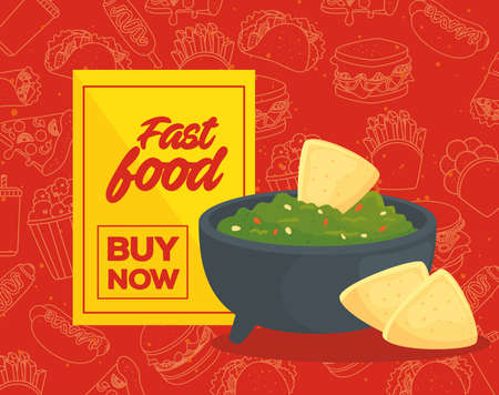 fast food poster, fast buy, delicious guacamole with nachos vector illustration designのイラスト素材