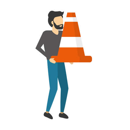 man holding traffic cone white background vector illustrationのイラスト素材