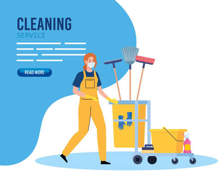 banner, woman cleaning worker wearing medical mask with cleaning trolley, woman janitor wearing medical mask with cleaning trolley vector illustration designのイラスト素材