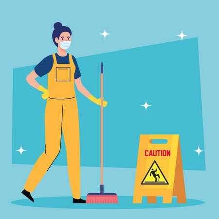 woman cleaning worker wearing medical mask with equipment, woman janitor wearing medical mask with broom and signage caution vector illustration designのイラスト素材