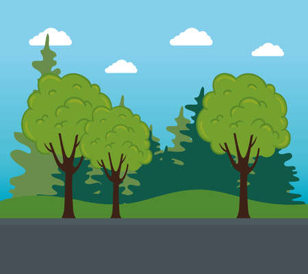 nature landscape, tree plants and bushes, with road street vector illustration designのイラスト素材