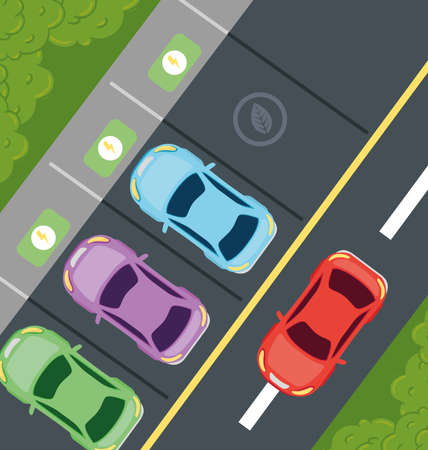 environmentally friendly concept, view aerial of, electric cars in parking vector illustration designのイラスト素材