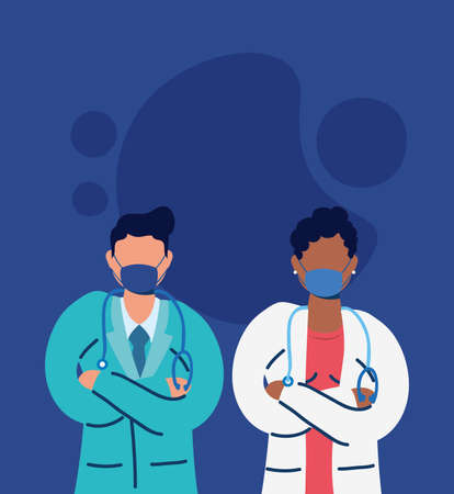 doctors couple with face masks characters vector illustration designのイラスト素材