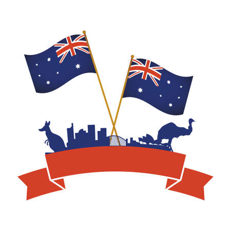 australia day celebration with silhouette animals and flags vector illustrationのイラスト素材