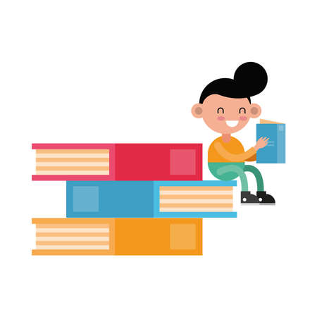 little student boy seated in books comic character vector illustration designのイラスト素材