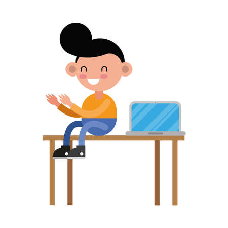 little student boy in desk comic character vector illustration designのイラスト素材