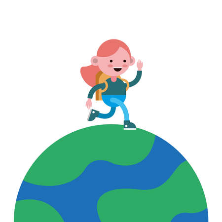 little student girl walking in planet comic character vector illustration designのイラスト素材