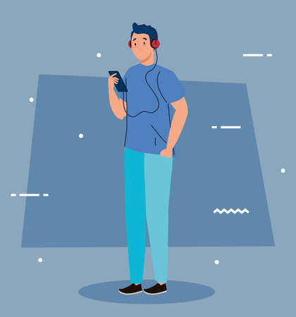 young man using headphones and smartphone vector illustration designのイラスト素材