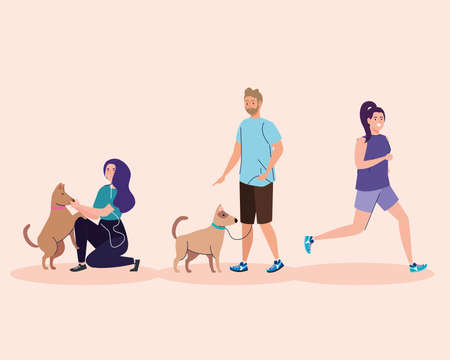 group people doing activities, woman running and couple with dogs vector illustration designのイラスト素材