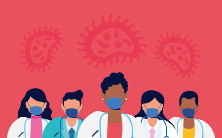 medical staff with face masks and covid19 particles vector illustration designのイラスト素材