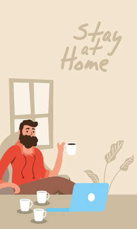 man using laptop stay at home campaign vector illustration designのイラスト素材