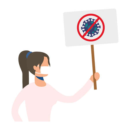 young woman wearing medical mask with protesting banner vector illustration designのイラスト素材