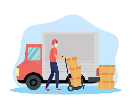 delivery service worker using face mask with box and truck vector illustration designのイラスト素材