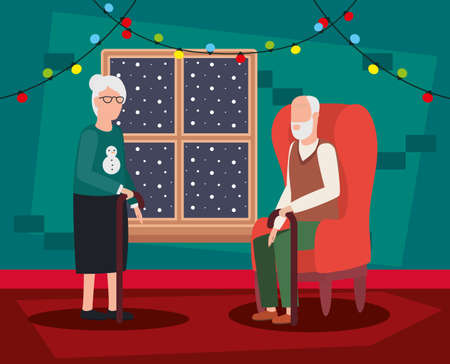 grandparents couple in livingroom with christmas decoration vector illustration designのイラスト素材