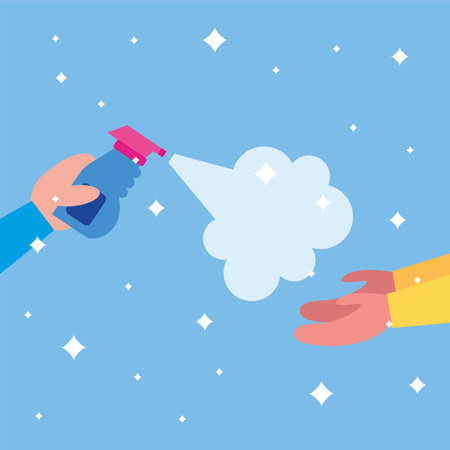 Hands holding sanitizer bottle design, Disinfects clean antibacterial and hygiene theme Vector illustrationのイラスト素材