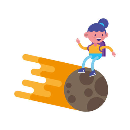 little student girl flying in moon comic character vector illustration designのイラスト素材