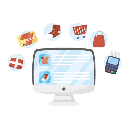 Computer with icons design of Shopping online and ecommerce theme Vector illustrationのイラスト素材
