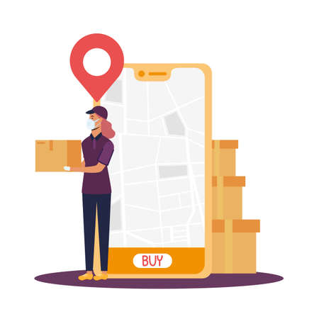 Smartphone with map and woman with mask design, Safe delivery quarantine logistics and transportation theme Vector illustrationのイラスト素材