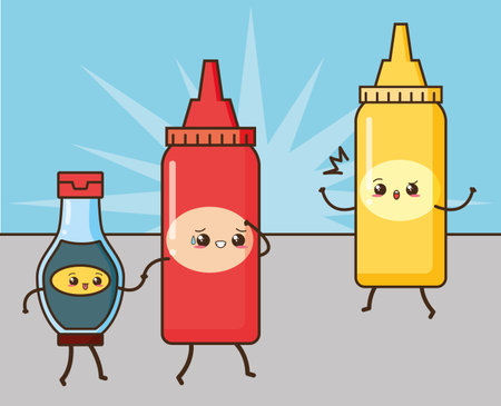 kawaii sauces bottles fast food cartoon vector illustration