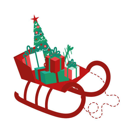 sled santa carriage with pine tree and gifts vector illustration designのイラスト素材