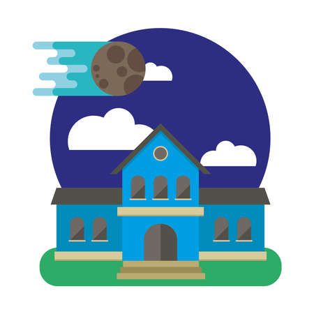 school building front facade with moon scene vector illustration designのイラスト素材