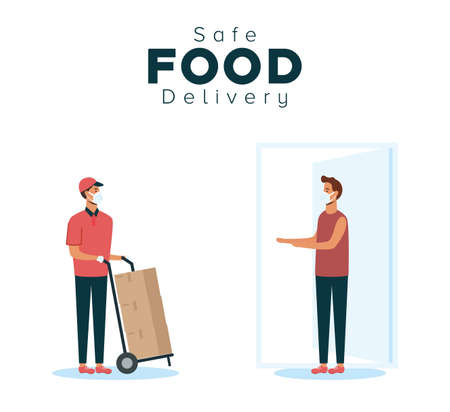 safe food delivery worker with boxes carton and client vector illustration designのイラスト素材