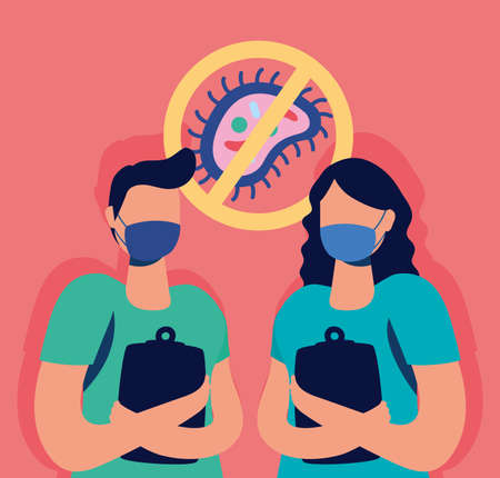 doctors couple with face masks and stop covid19 signal vector illustration designのイラスト素材